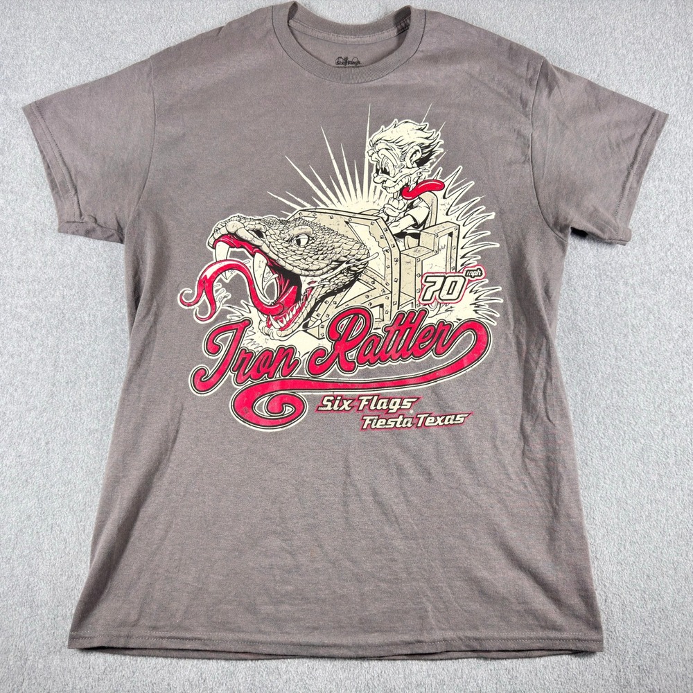 Vintage Six Flags T‎ Shirt Mens M Gray Iron Rattler Texas Graphic Tee